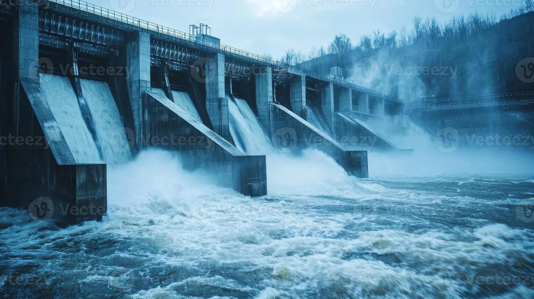 Water cascades through turbines at a modern hydroelectric dam efficiently harnessing renewable energy in a serene natural setting under a cloudy sky. photo
