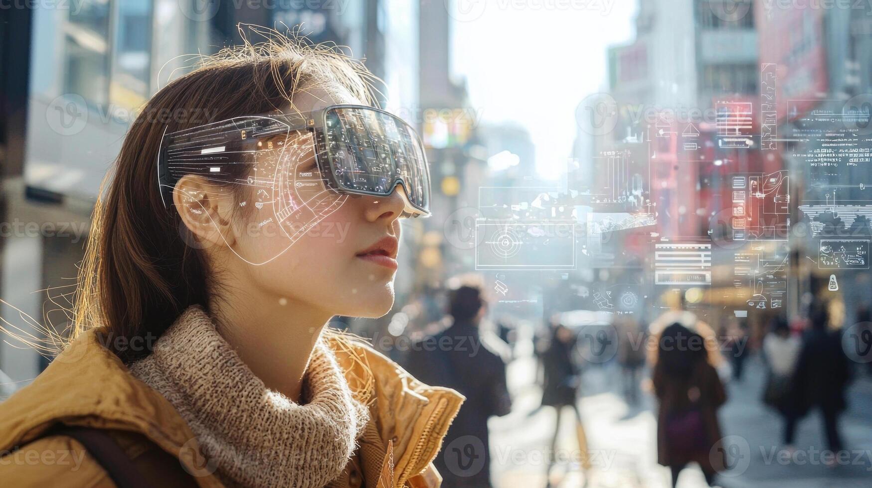 person explores a bustling city while using augmented reality glasses that overlay digital navigation and information onto their surroundings. photo