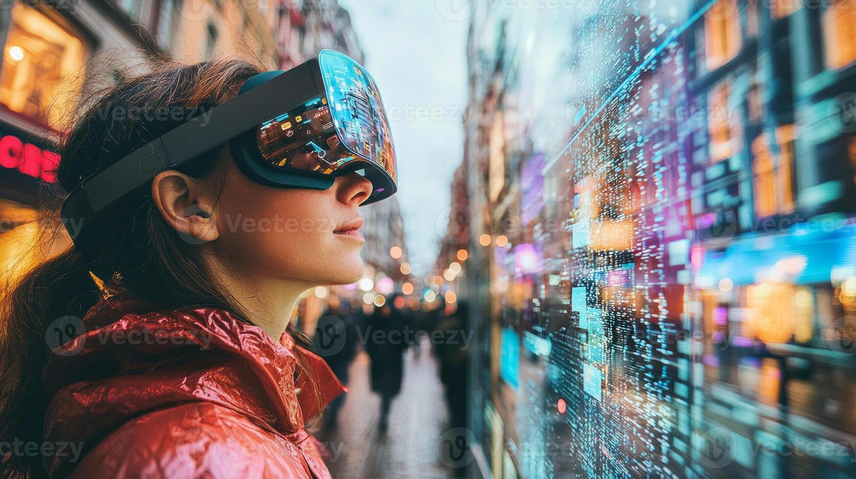 person wearing augmented reality glasses explores a vibrant city street engaging with digital information layered over their environment. The scene is lively and illuminated. photo