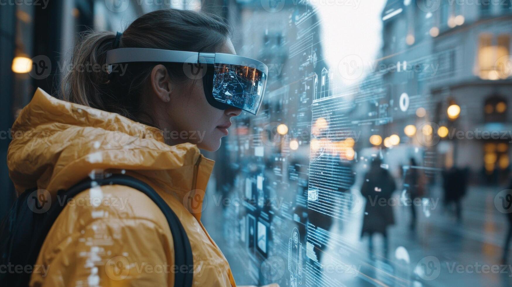 Navigating through a lively city a person utilizes augmented reality glasses to access digital information superimposed on the real environment around them. photo
