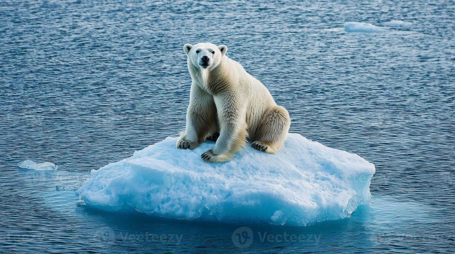 polar bear sits alone on a shrinking ice floe surrounded by open water illustrating the alarming impact of climate change on Arctic habitats and wildlife. photo