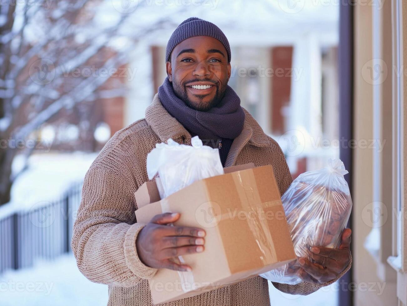cheerful delivery person stands at a suburban doorway handing over food packages. Snow covers the ground enhancing the warm friendly atmosphere of the moment. photo