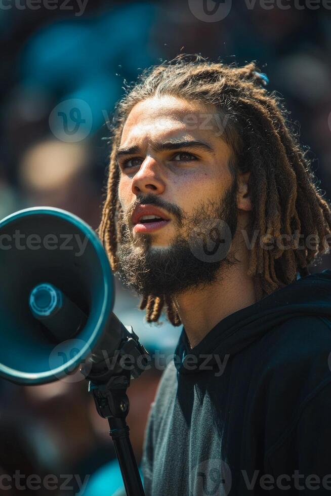 speaker passionately addresses an enthusiastic crowd using a megaphone capturing the emotions of supporters gathered around creating a powerful atmosphere. photo