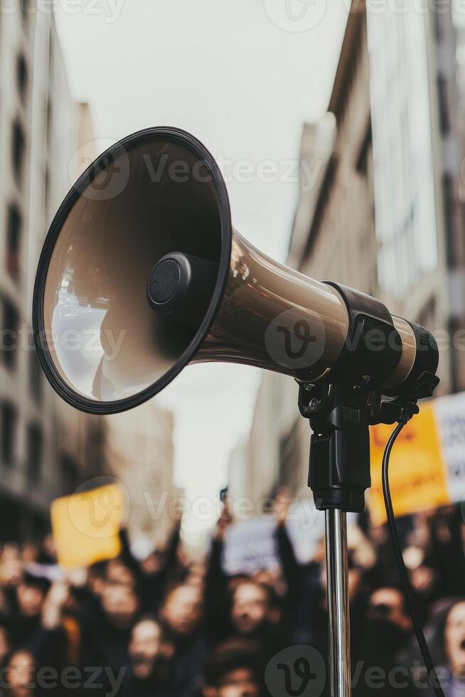 spirited speaker passionately addresses a crowd using a megaphone surrounded by supportive demonstrators holding signs in an urban setting. photo