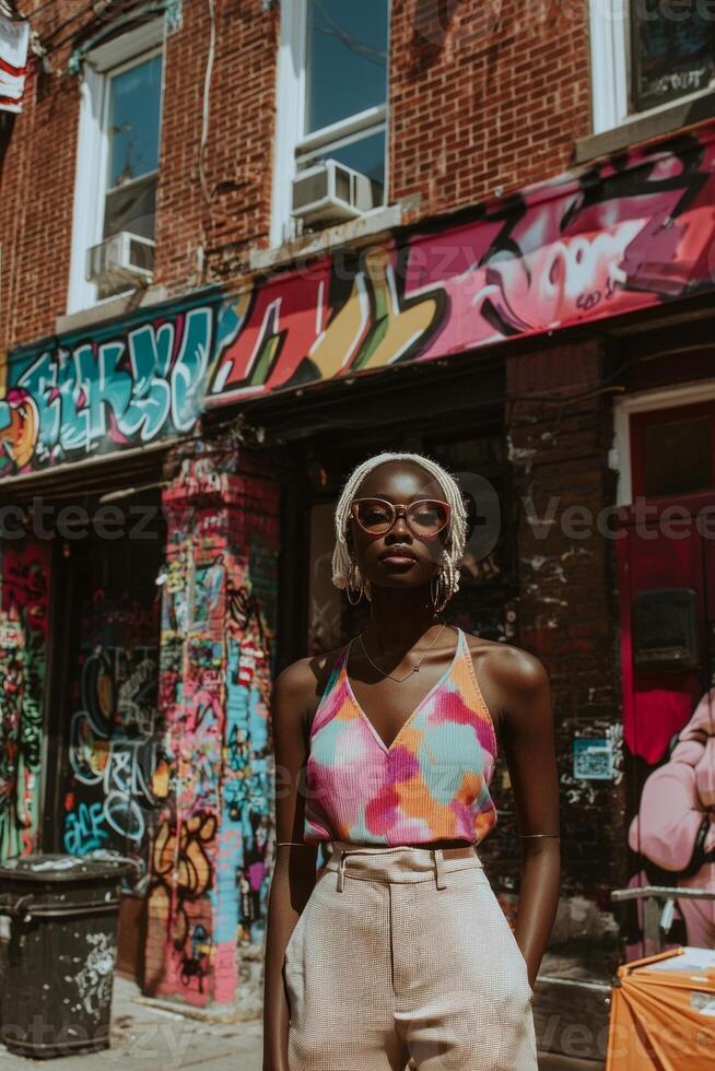 In a lively urban setting an individual showcases their unique fashion sense with vibrant colors surrounded by striking graffiti art under bright daylight. photo