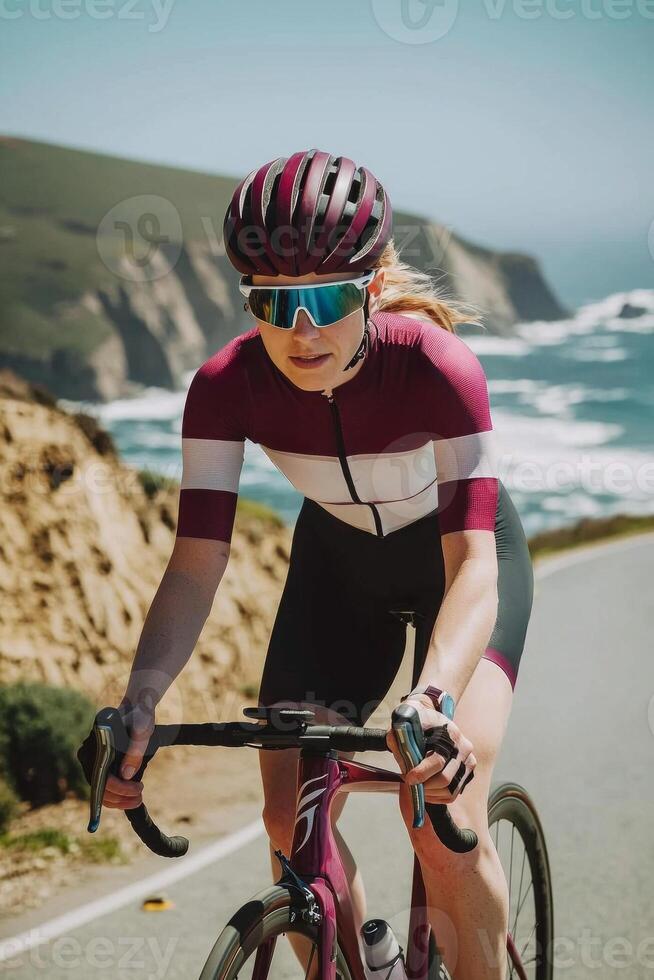 cyclist dressed in professional attire and a helmet rides along a scenic coastal road with cliffs and ocean waves creating a stunning backdrop under midday light. photo