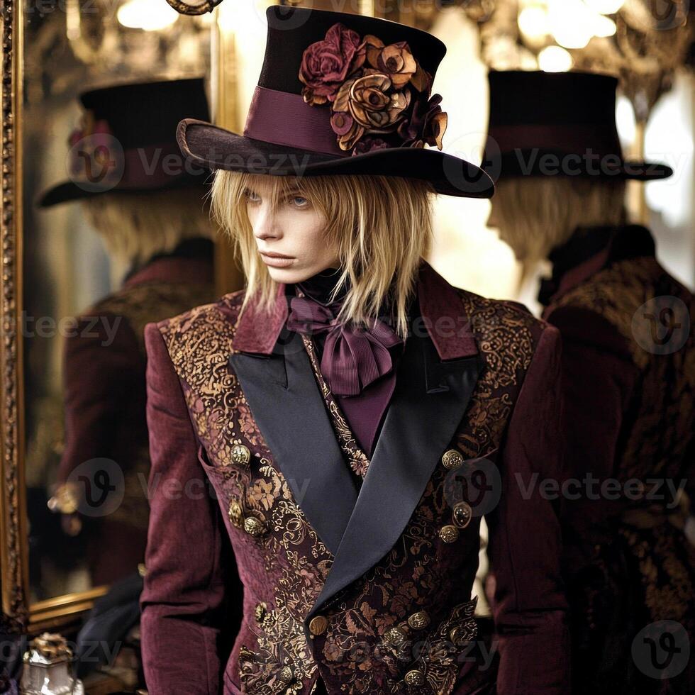individual expresses their personal style through eclectic clothing and accessories in a captivating indoor space featuring rich colors and mirrors that enhance the ambiance. photo