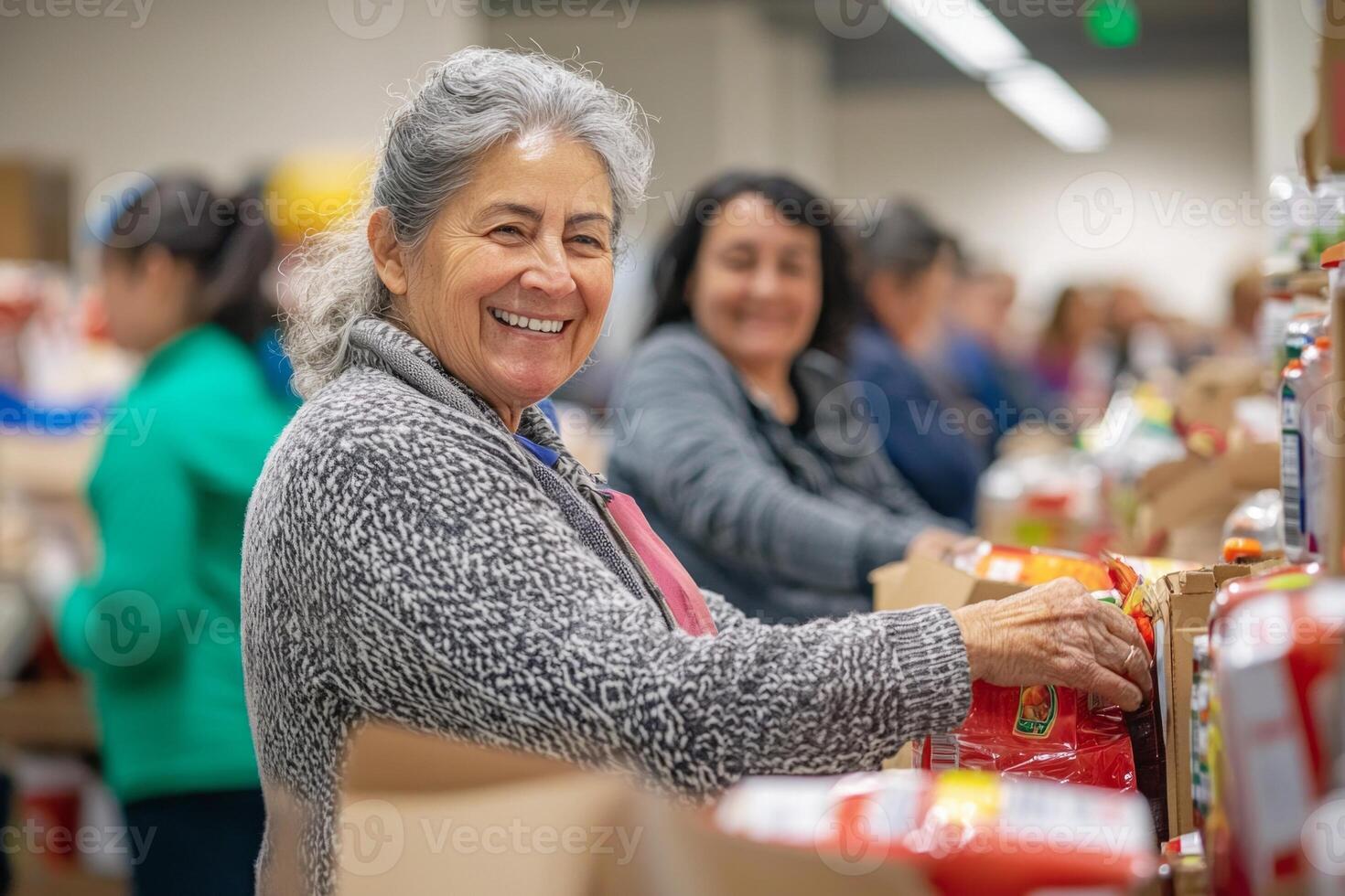 Dedicated community volunteers are seen organizing food supplies at a local food bank sharing smiles in a welcoming indoor space filled with warm lighting. photo