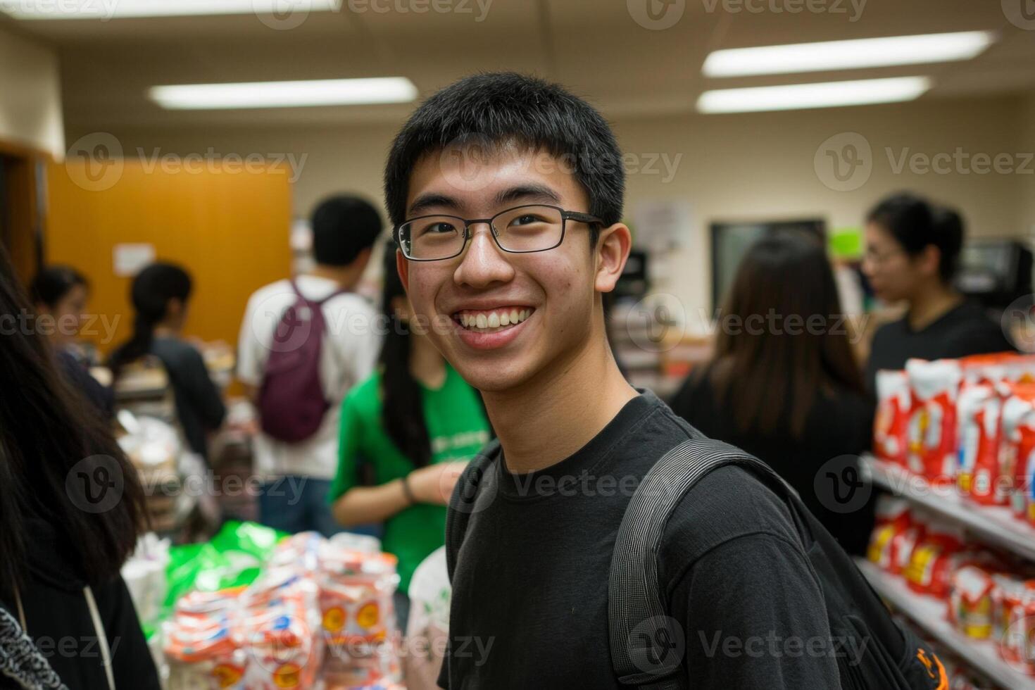 Volunteers work together at a food bank sorting and organizing supplies while sharing smiles in a warmly lit indoor environment promoting community support and engagement. photo