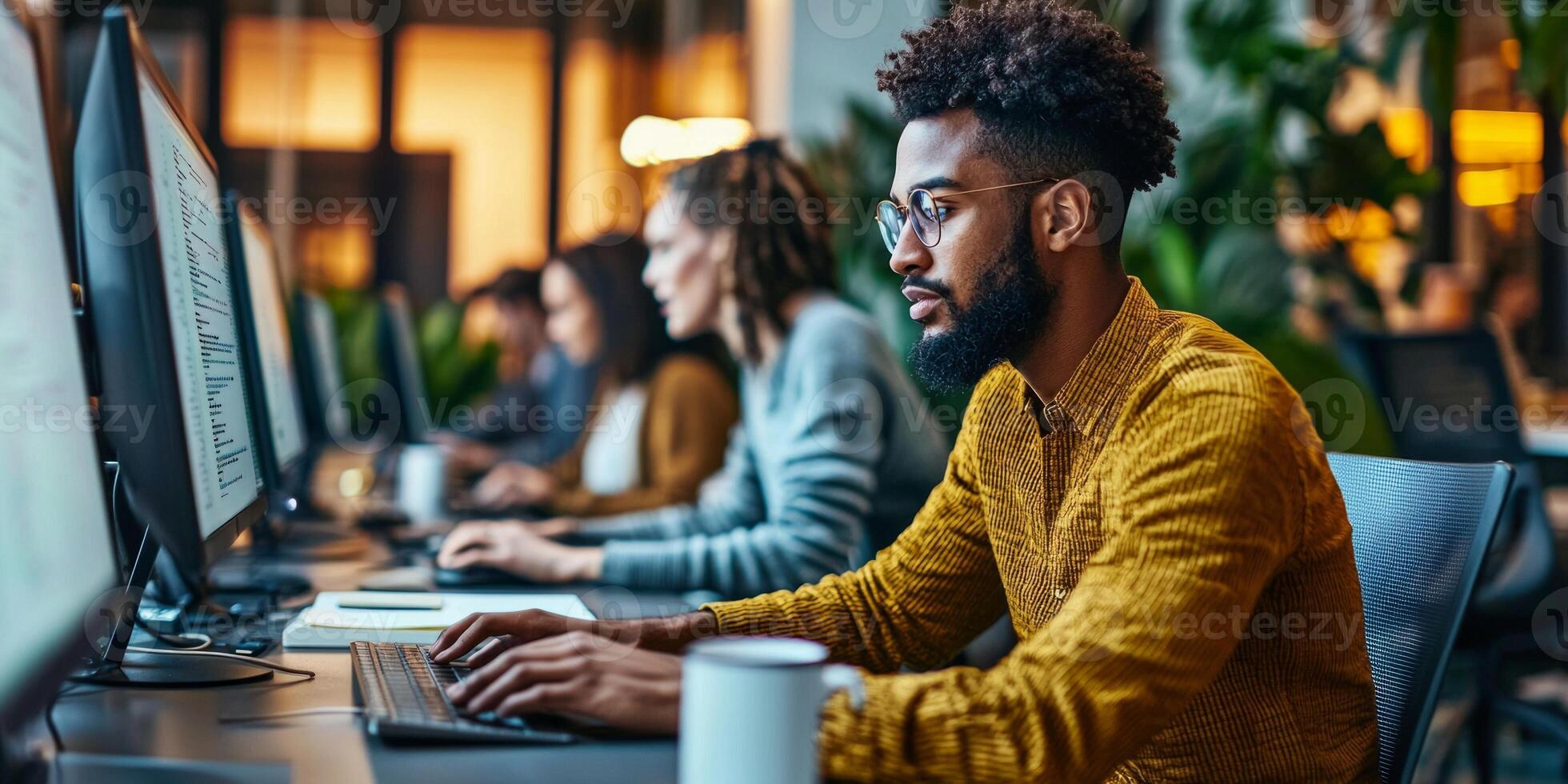 team of developers collaborates in a colorful coworking hub intensely coding on computers with coffee mugs nearby surrounded by an inspiring atmosphere. photo