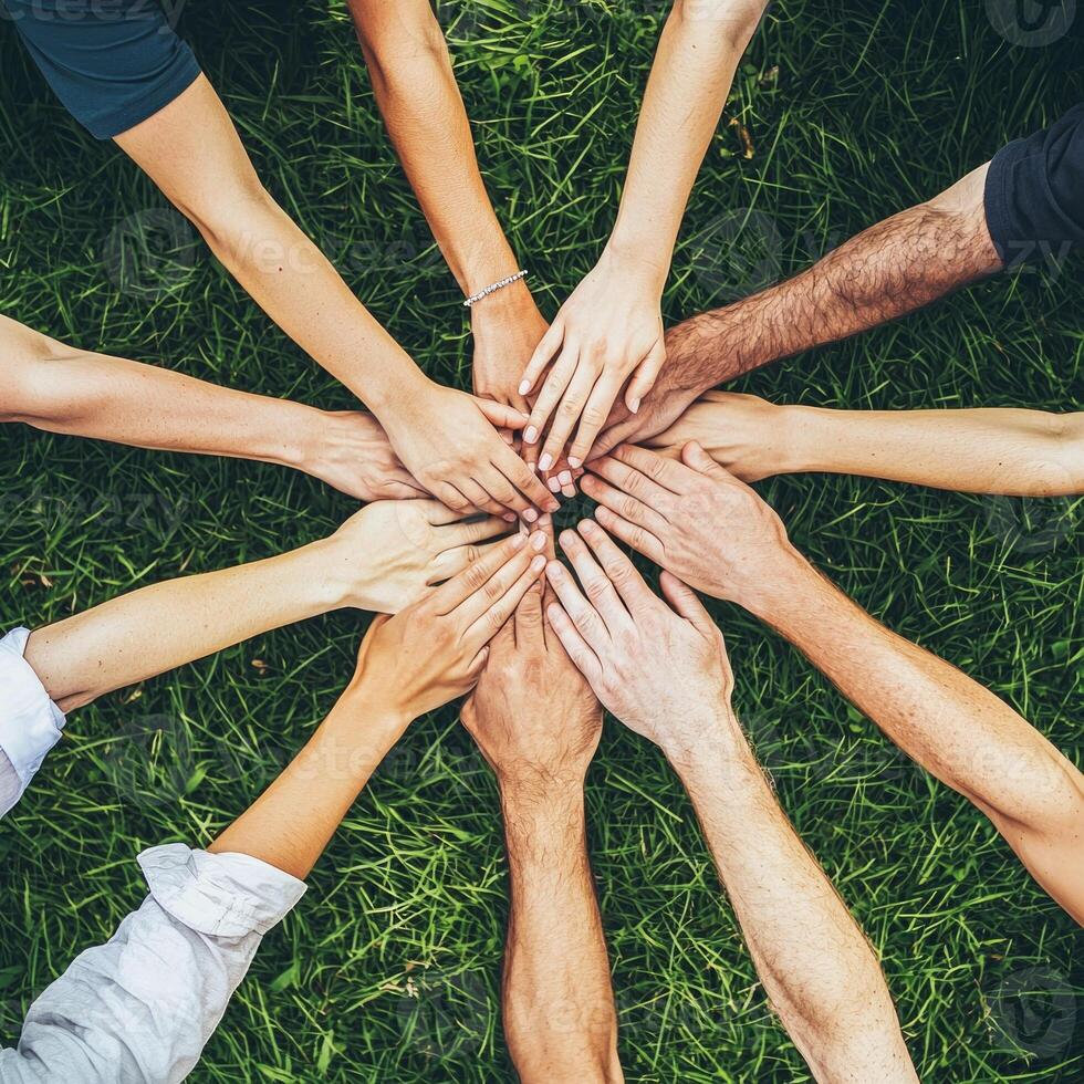 group of people from various backgrounds gathers in an outdoor park connecting by holding hands to signify unity and togetherness in a natural setting. photo