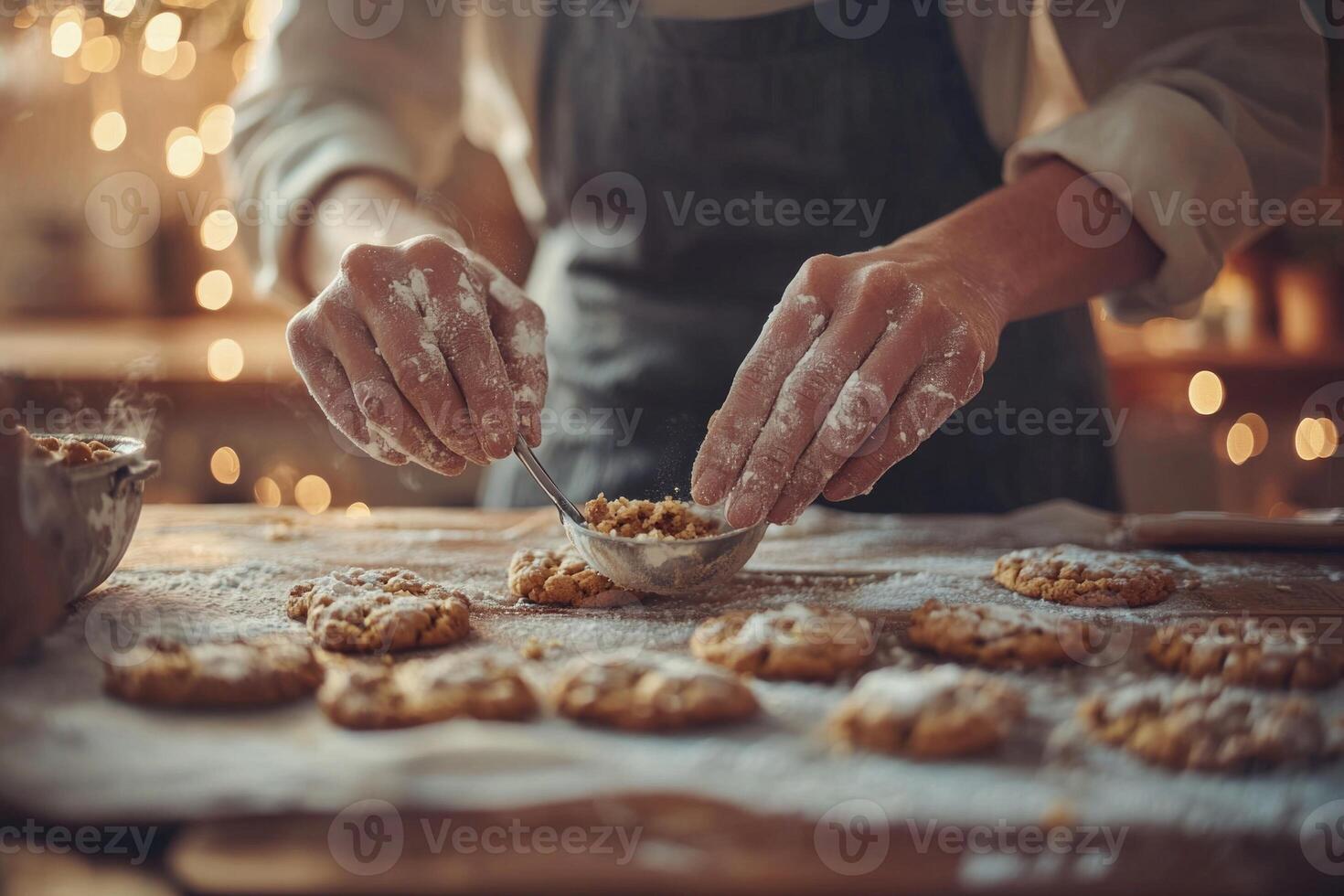 In a cozy kitchen illuminated by ambient light someone joyfully mixes cookie ingredients filling the space with warmth and delicious anticipation. photo
