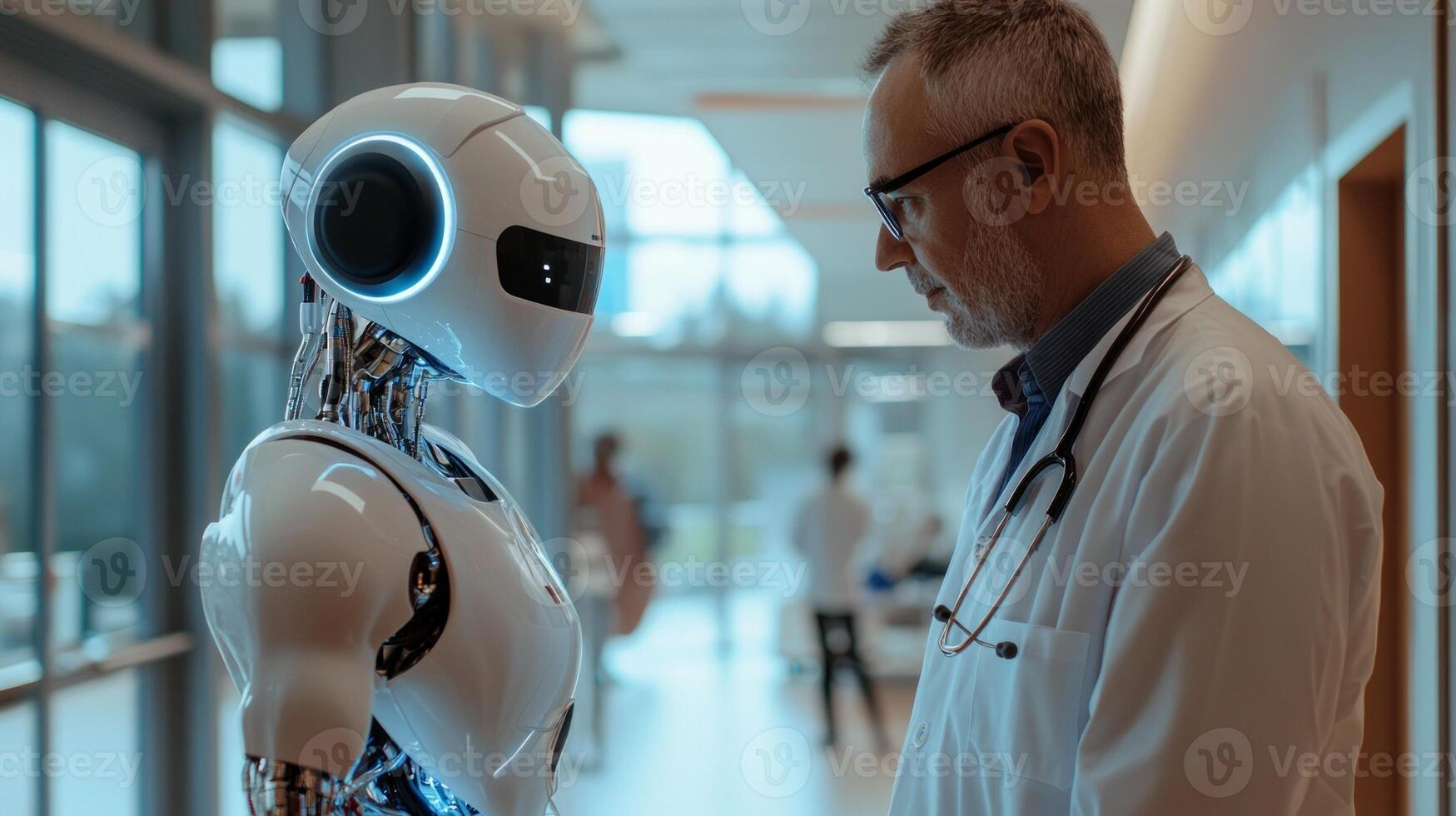 In a contemporary hospital setting a humanoid robot collaborates with a doctor demonstrating advanced AI technology in healthcare for improved patient assistance. photo