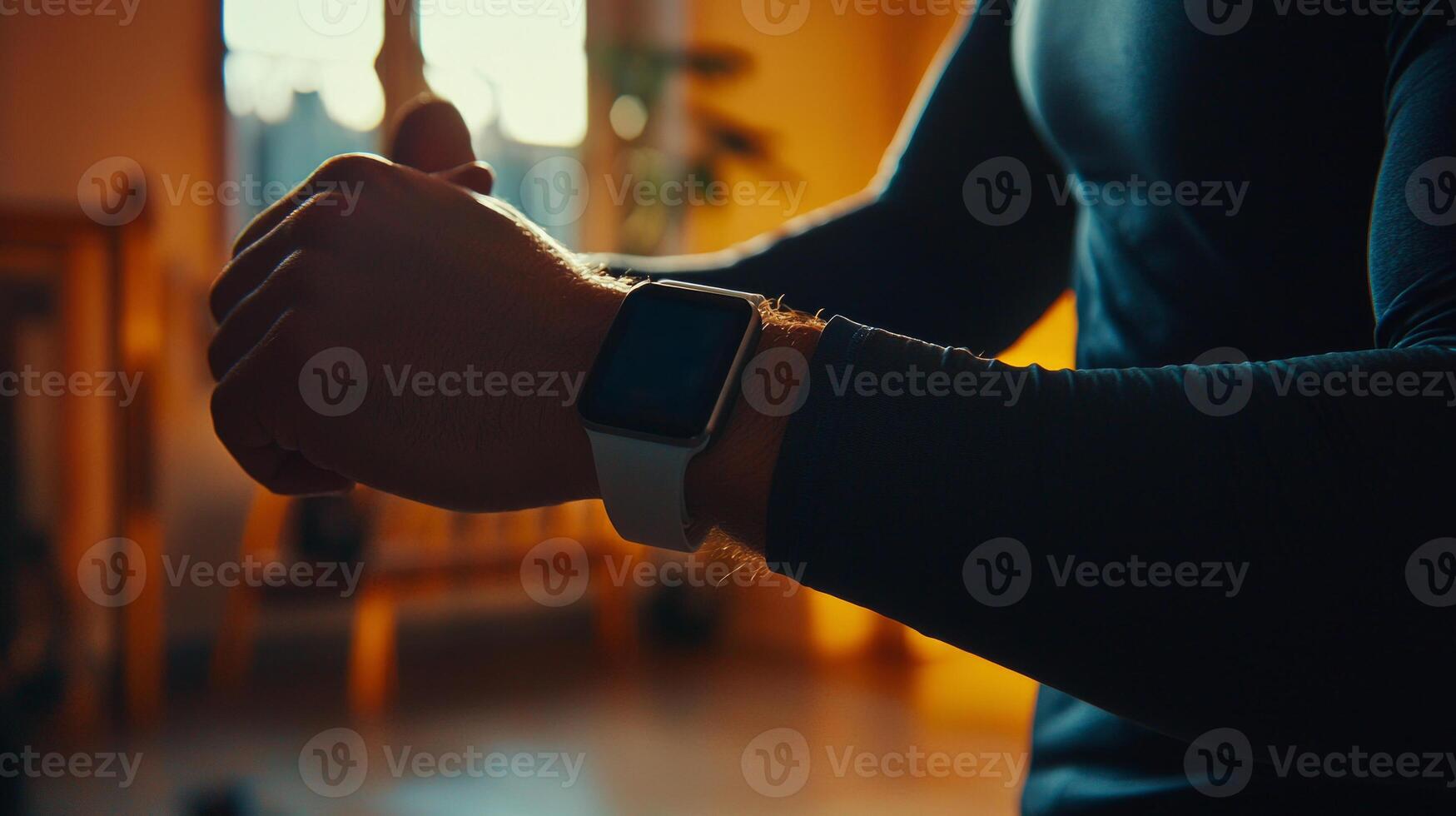 athlete checks their smartwatch to track fitness metrics while engaged in a home exercise session surrounded by a warm and inviting atmosphere. photo