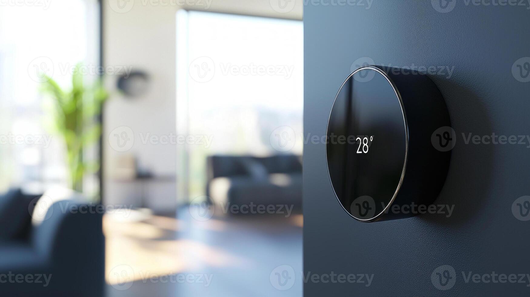 smart thermostat is being effortlessly adjusted via voice control showcasing its sleek design in a stylish modern living room filled with natural light. photo