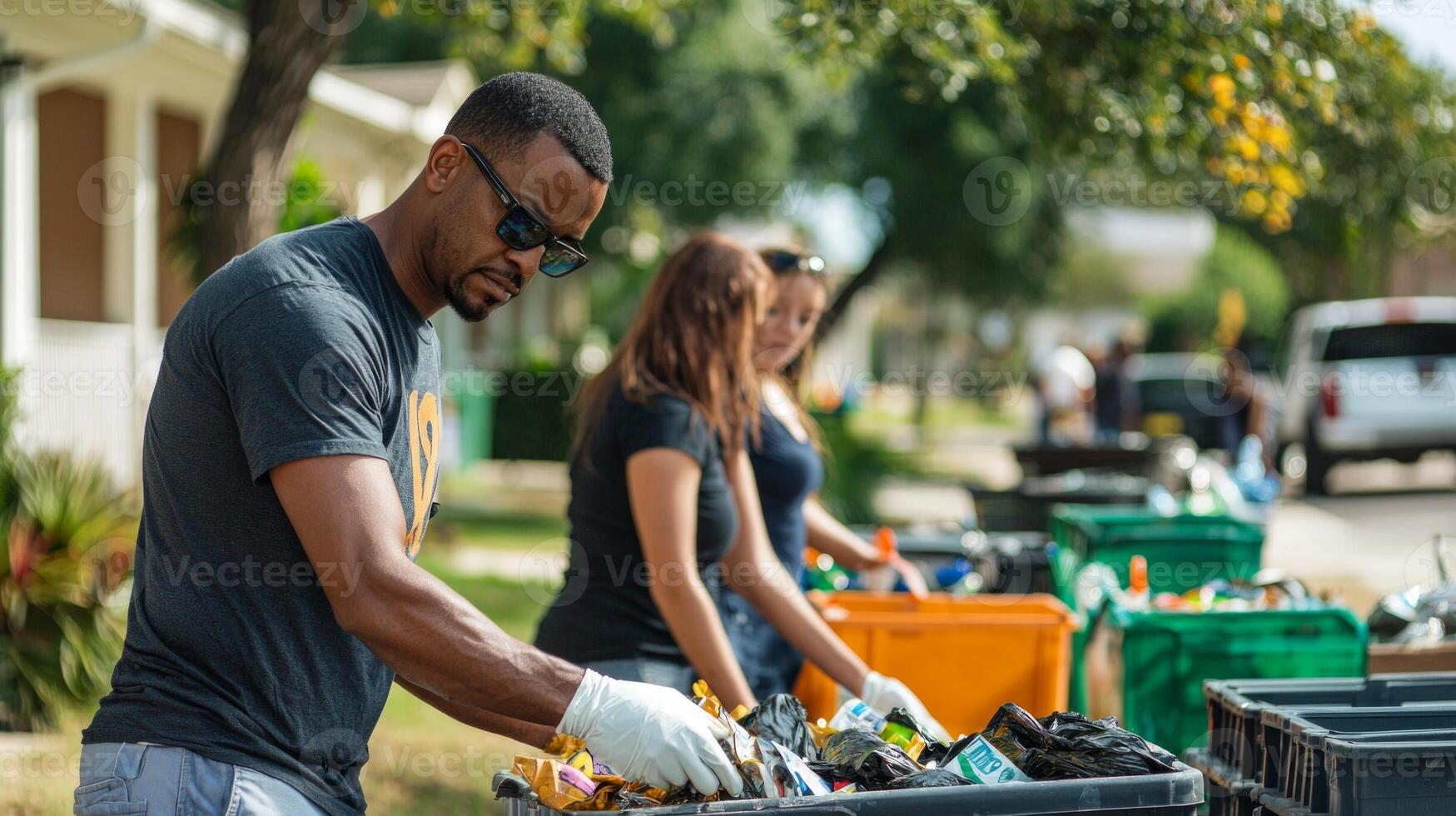 Residents actively participate in a recycling drive sorting materials into designated bins to support environmental preservation and community involvement. photo