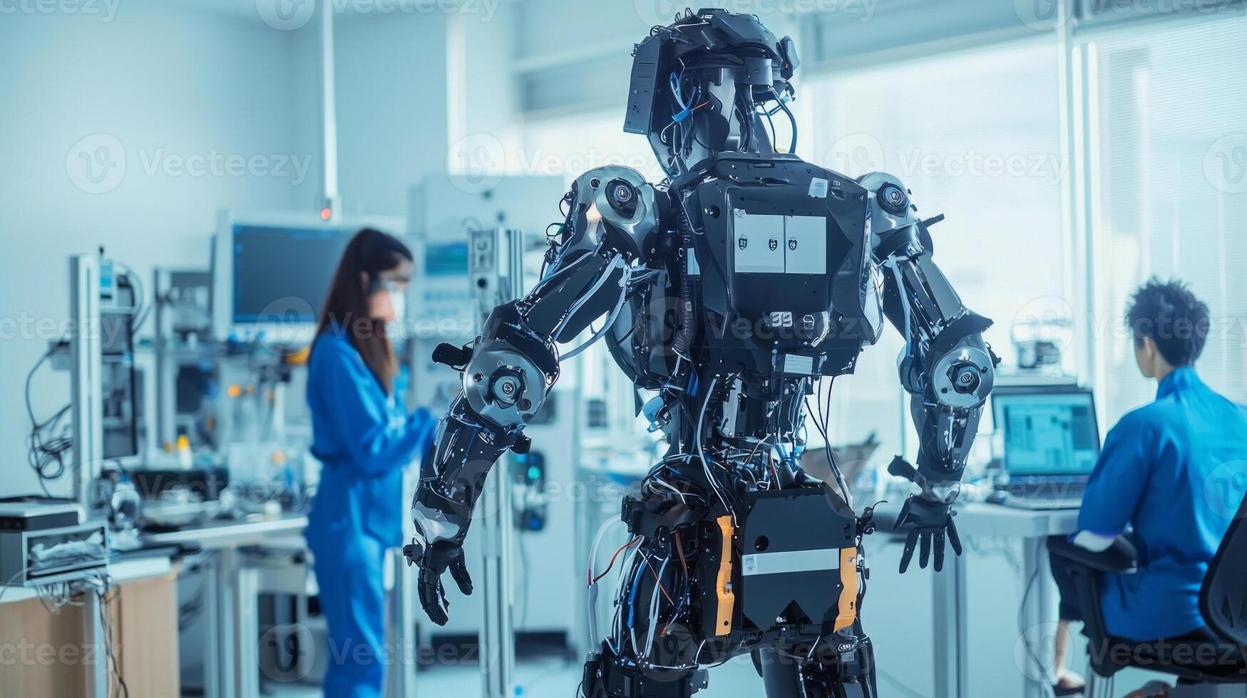 Engineers are conducting tests on a robotic exoskeleton suit in a lab focusing on enhancing human abilities through innovative technology. photo