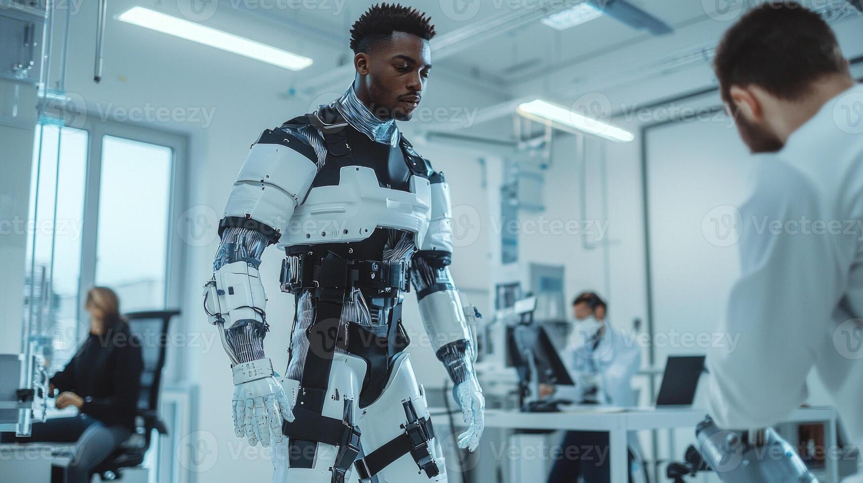 team of engineers is testing a robotic exoskeleton suit designed to improve human strength and mobility in a laboratory environment. photo