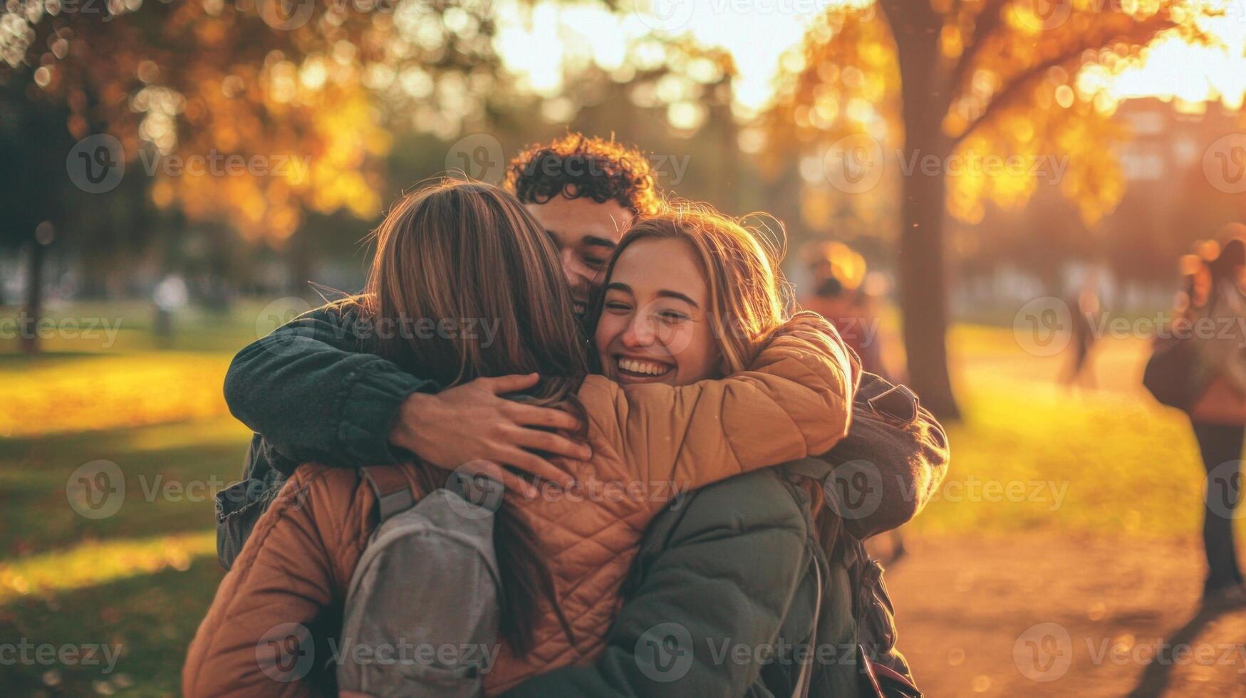group of friends celebrates their reunion with warm embraces in a park radiating genuine happiness as they reconnect after the pandemic. photo