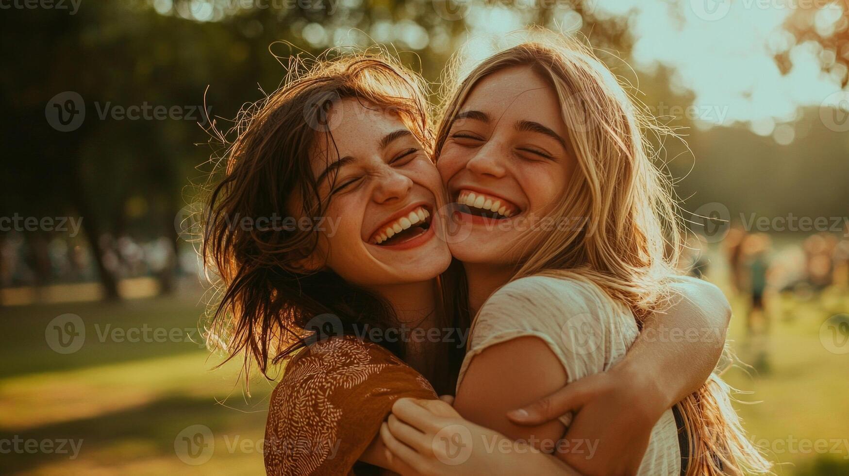 In a sunlit park two friends share warm embraces and laughter reflecting genuine joy and connection as they reunite after a long time apart. photo