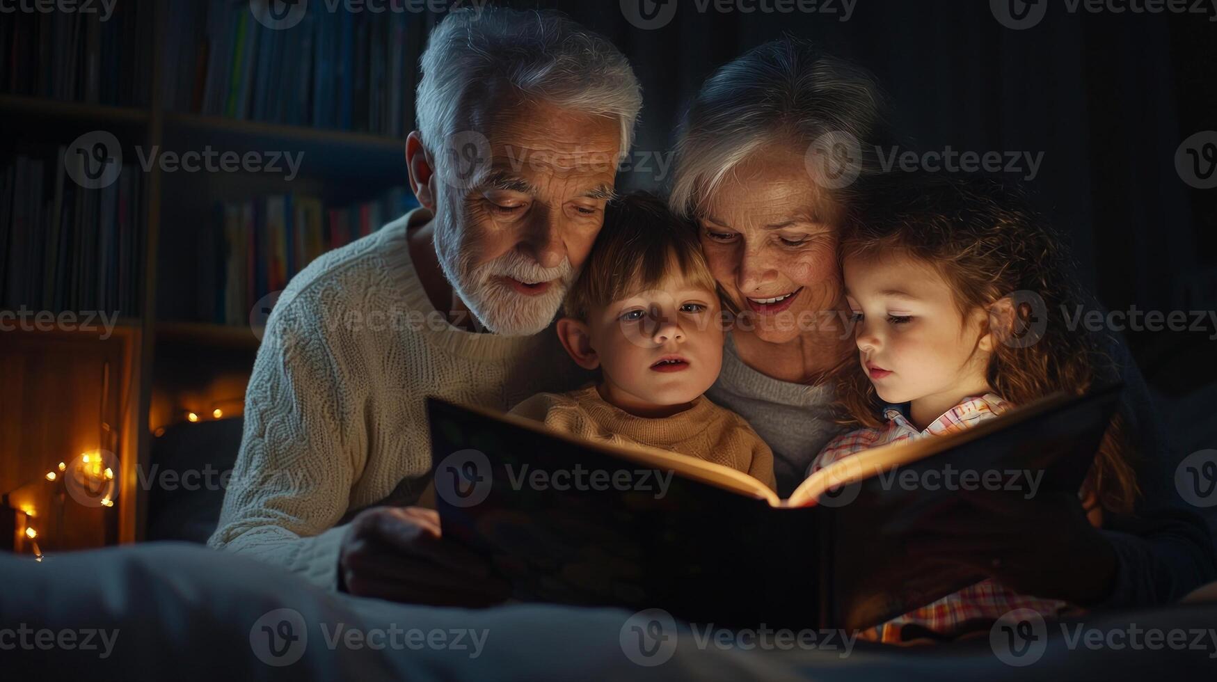In a warm inviting room grandparents read a cherished bedtime story to their eager grandchildren creating lasting family bonds and memories together. photo