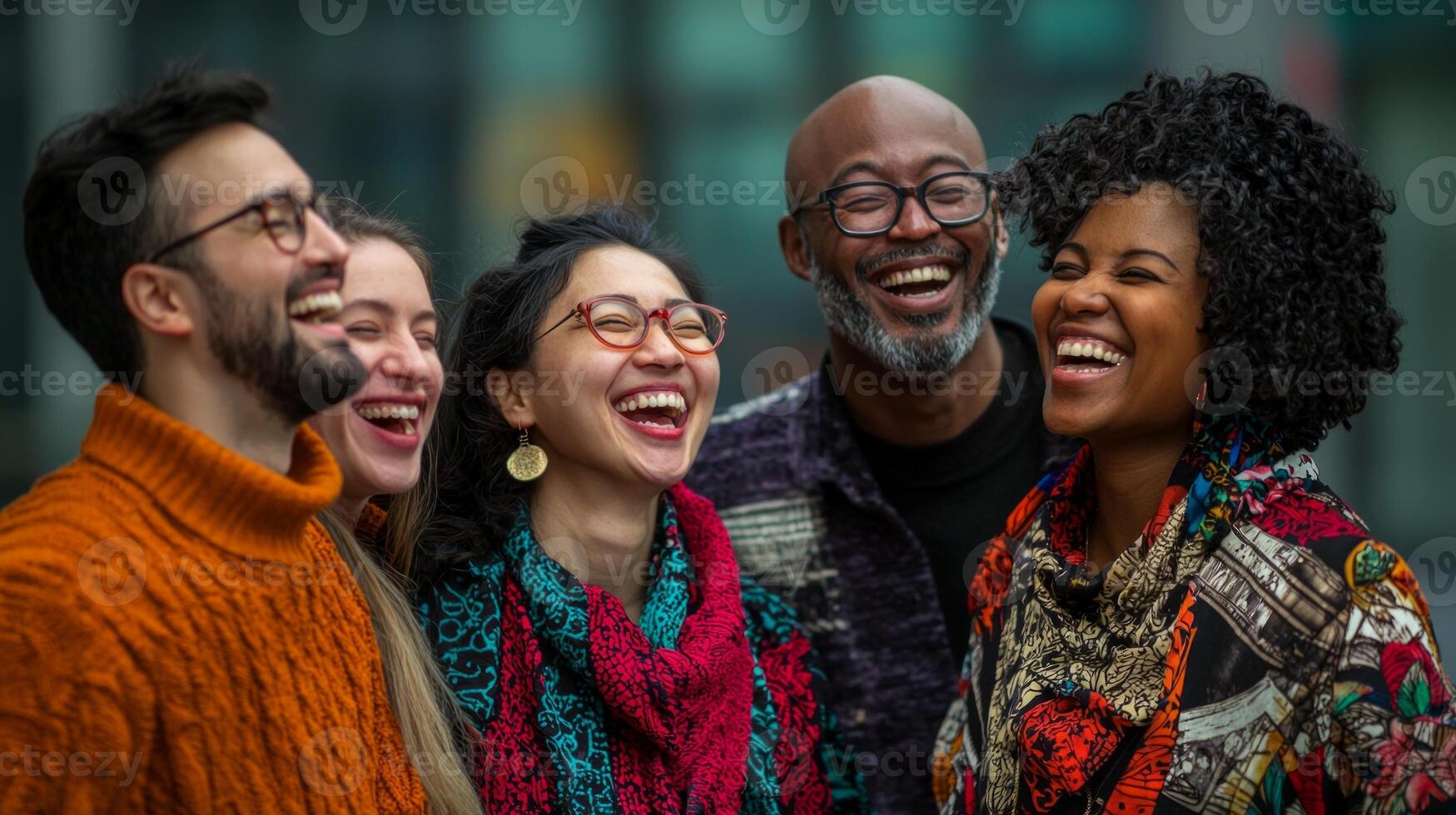 group of friends from various cultures share joyful laughter in a vibrant urban setting celebrating their diversity and connection on a beautiful day. photo