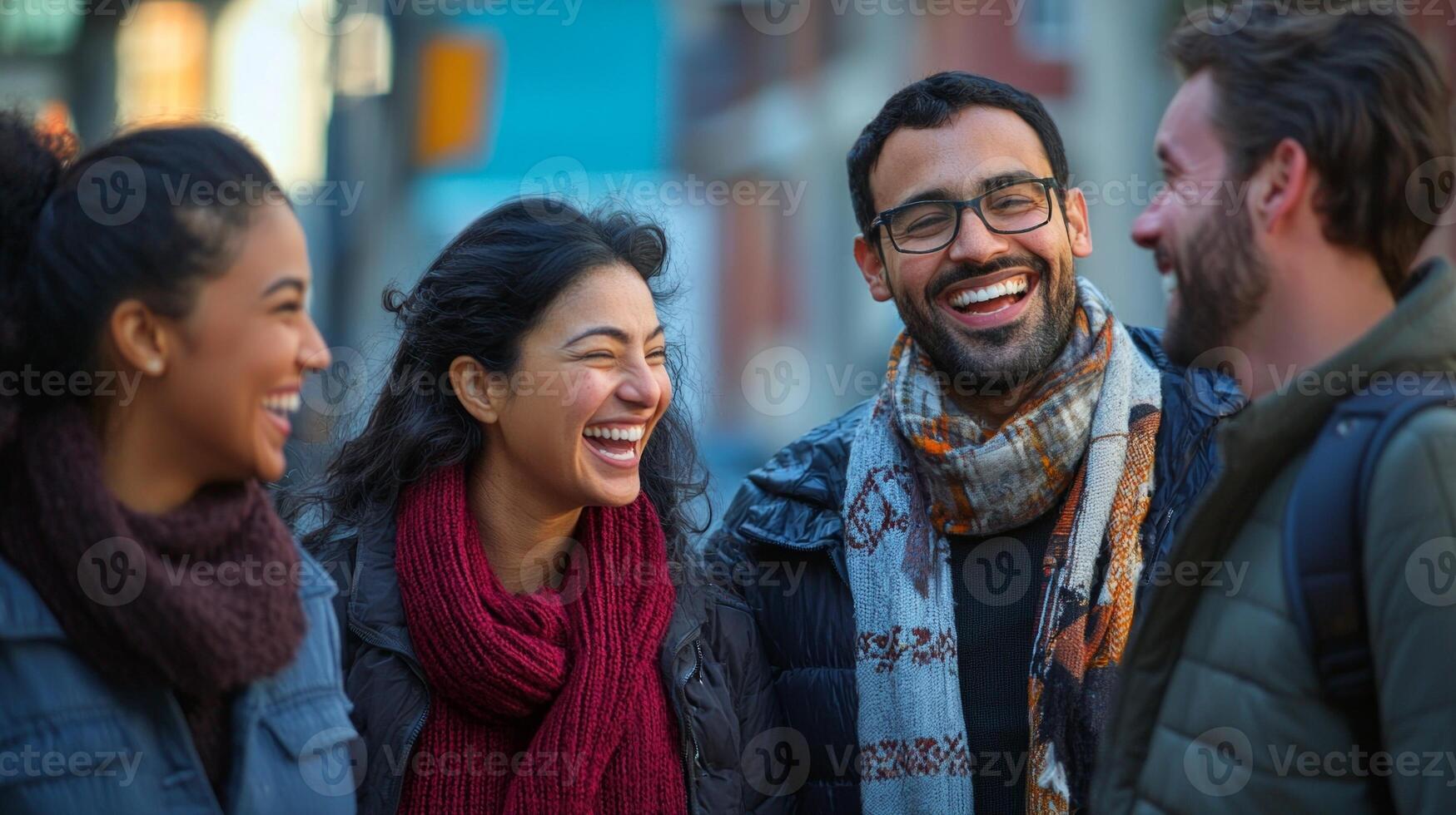 lively group of friends from different cultural backgrounds shares laughter and joy in an urban environment highlighting their friendship and diversity. photo