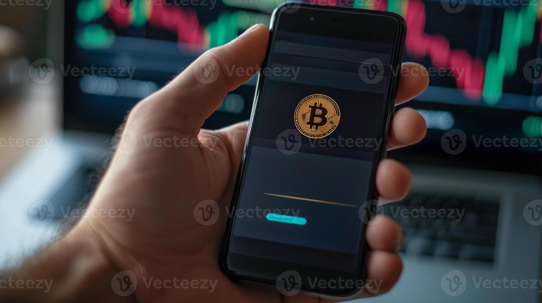 person receives a notification on their smartphone indicating a successful cryptocurrency transaction while market charts display price trends on a laptop nearby. photo