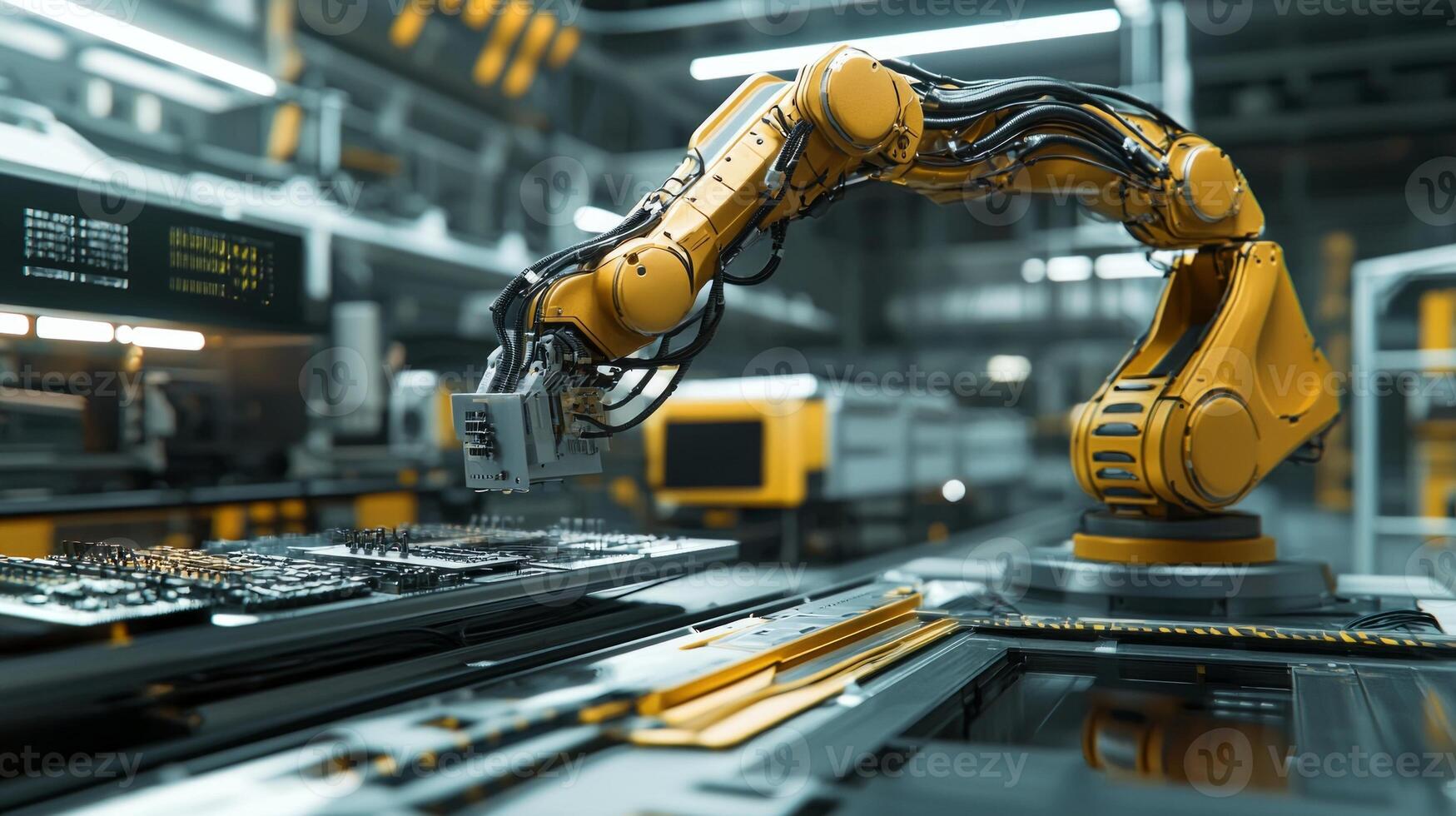 robotic arm skillfully assembles electronic parts on an advanced production line showcasing the precision and efficiency of automation in contemporary manufacturing. photo