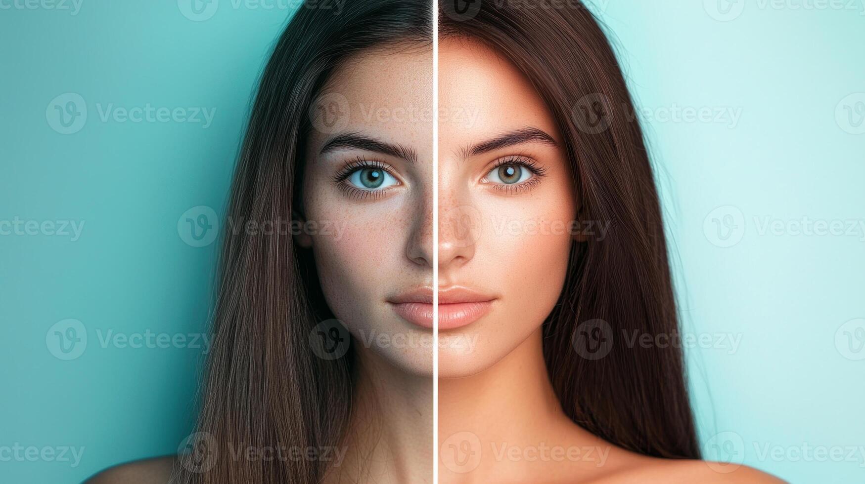 split image showcases the difference between a young womans authentic appearance and her curated social media persona emphasizing the contrast between reality and online representation. photo