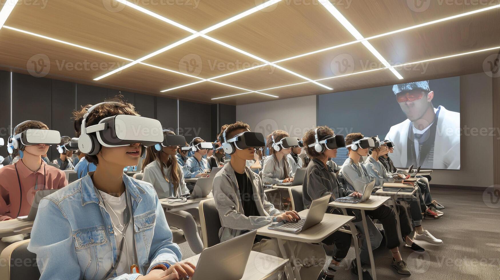 In a modern classroom students participate in an immersive learning experience using virtual reality headsets while interacting with digital content on laptops. photo