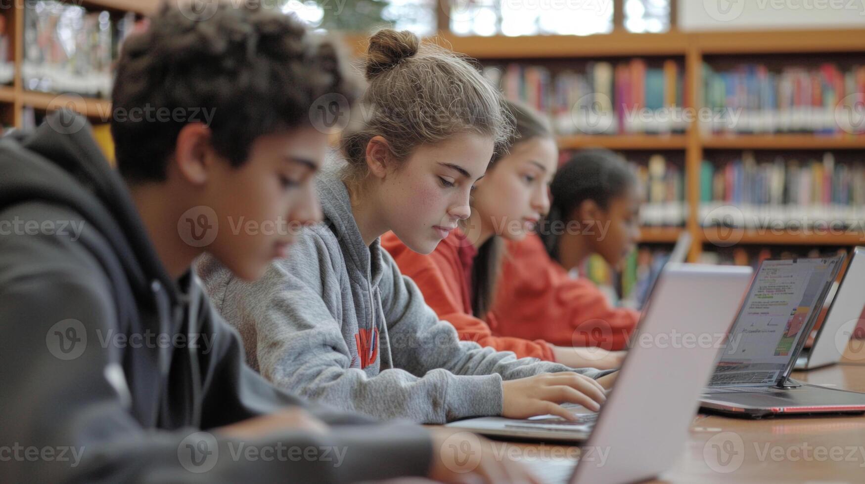 group of students is focused on collaborating for their project utilizing laptops in a well lit school library filled with books. The atmosphere is productive and engaging. photo