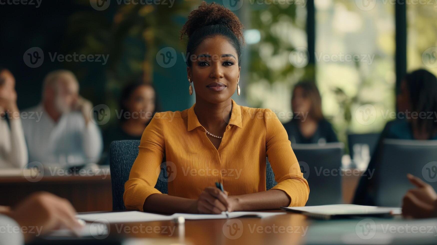 confident woman leads a diverse team discussion in a modern boardroom showcasing her commitment to promoting gender equality in corporate leadership during a crucial meeting. photo