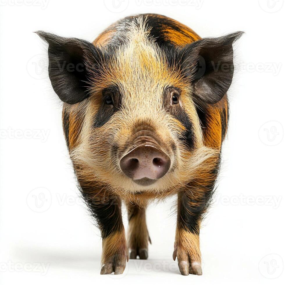 striking red river hog stands confidently, showcasing its long snout and fascinating facial markings. The animal's vivid fur contrasts beautifully with the plain background. photo