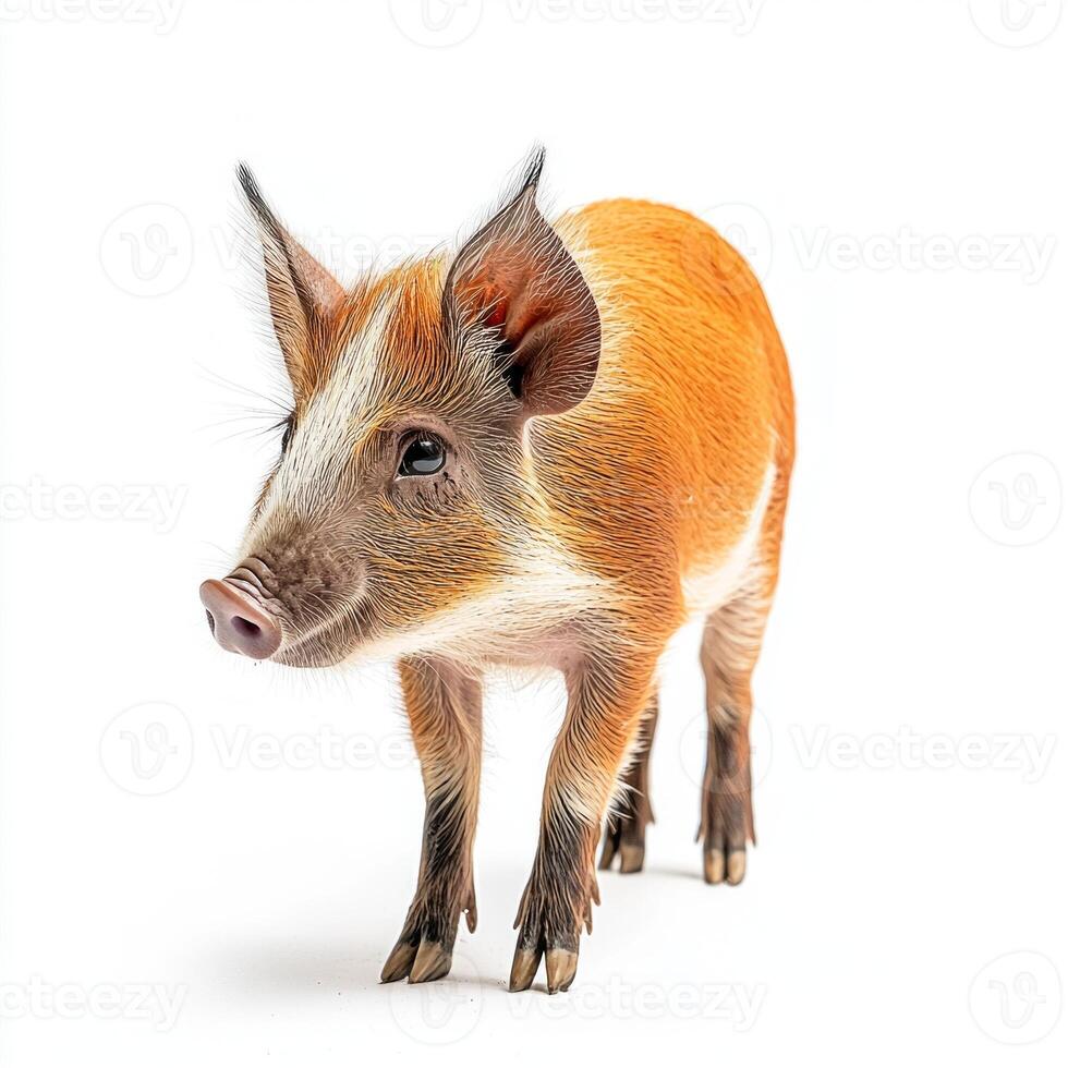 remarkable red river hog stands proudly, its long snout and distinct facial patterns highlighted in sharp detail against a crisp white backdrop, capturing its adventurous spirit. photo
