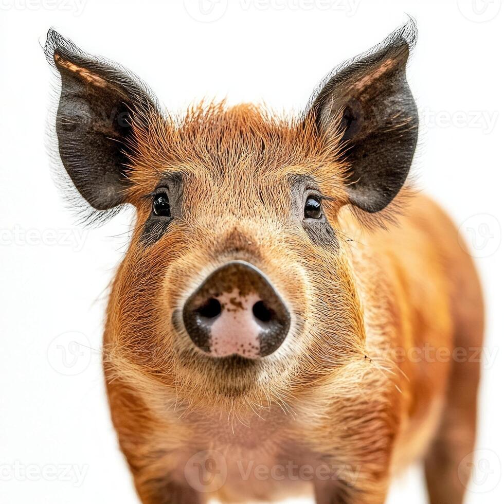red river hog stands proudly, highlighting its distinctive facial markings and long snout, creating a captivating sight against the stark white backdrop. photo