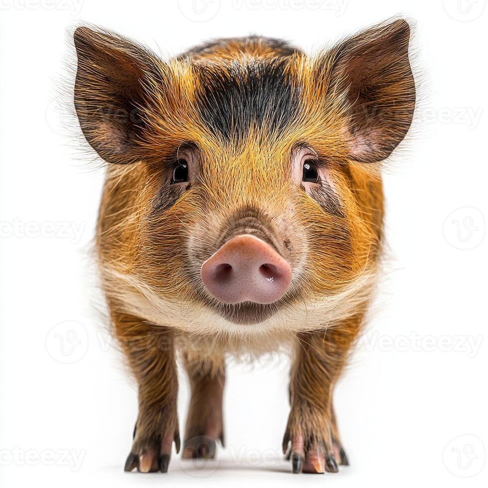 charming red river hog stands firm, highlighting its distinct facial markings and long snout. The animal's vibrant fur and curious expression draw attention against the plain white background. photo