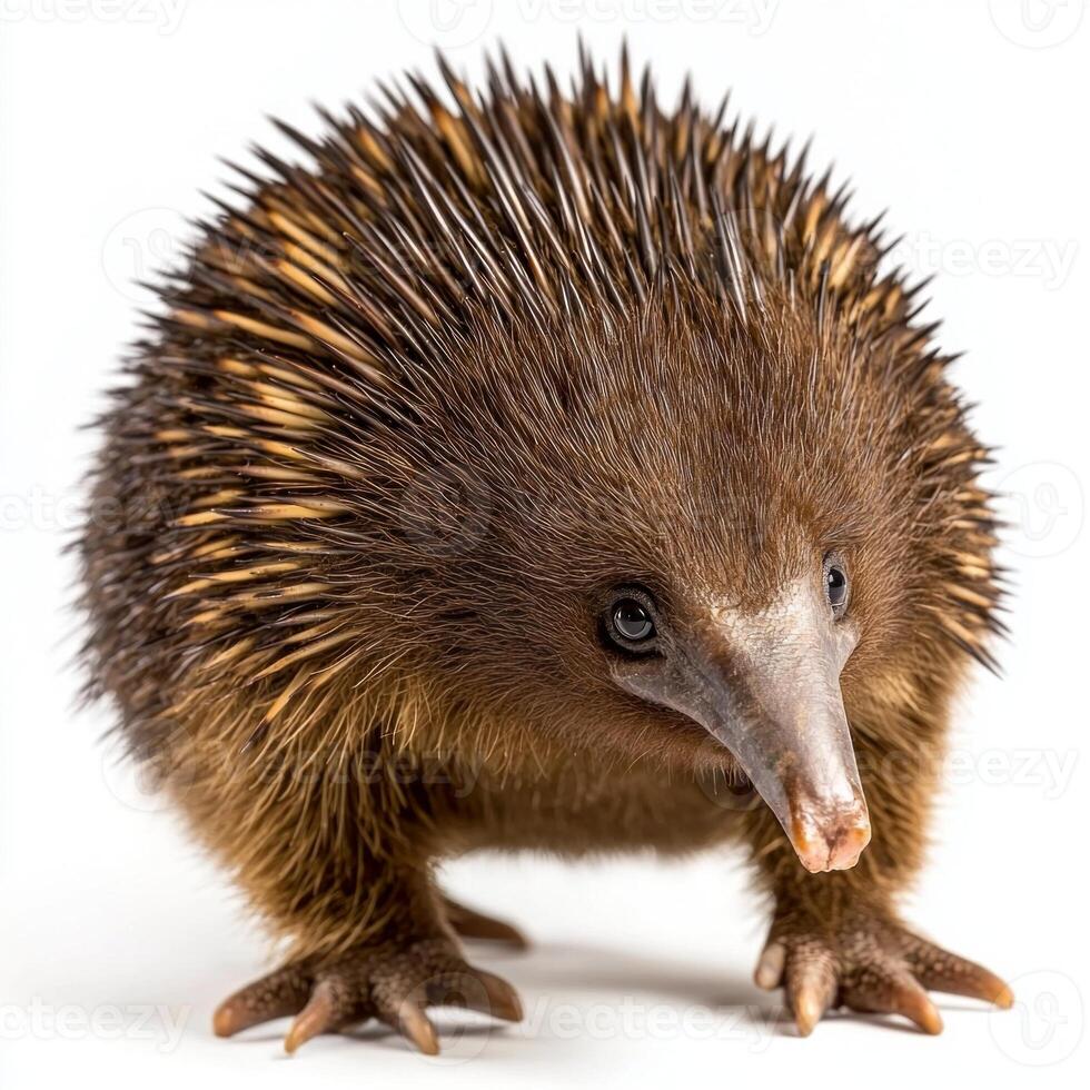 short-beaked echidna stands proudly, revealing its distinctive spines and short legs against a clean white backdrop photo