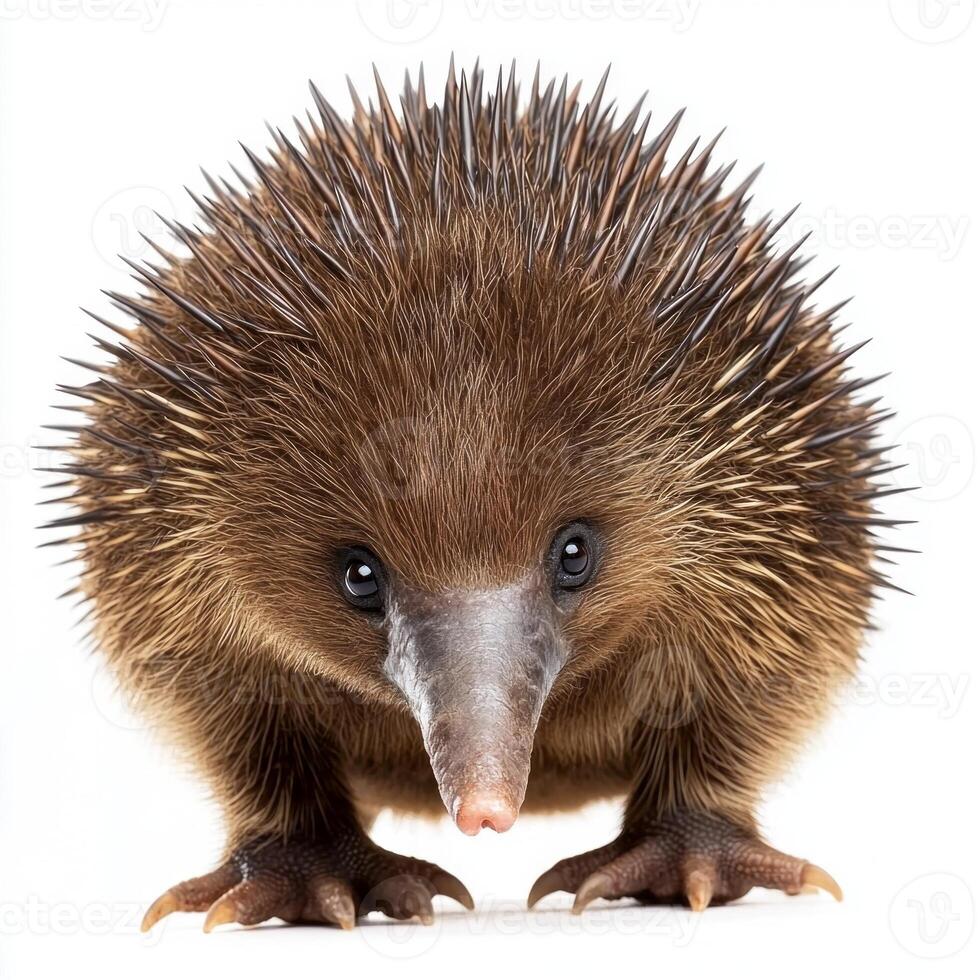 short-beaked echidna stands proudly on its short legs, showcasing its distinctive spines and curious expression, set against a clean, white background. photo