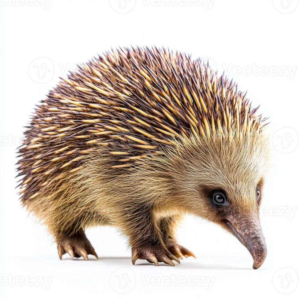 short-beaked echidna stands confidently, its spines radiating outward while its short legs support its curious stance, creating an endearing portrait. photo
