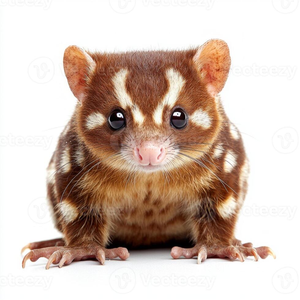 spotted quoll sits gracefully, showcasing its thick, patterned fur and sharp claws, entirely isolated on a bright white backdrop, exuding a playful yet curious demeanor. photo