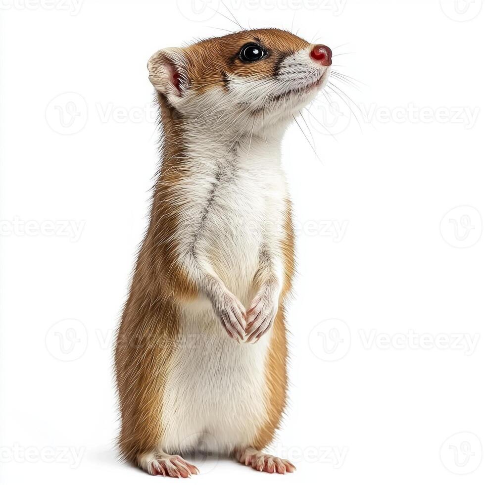 stoat stands upright, its slim body and short legs highlighted against a clean white background. Its inquisitive expression adds charm to the scene, capturing its wild essence. photo