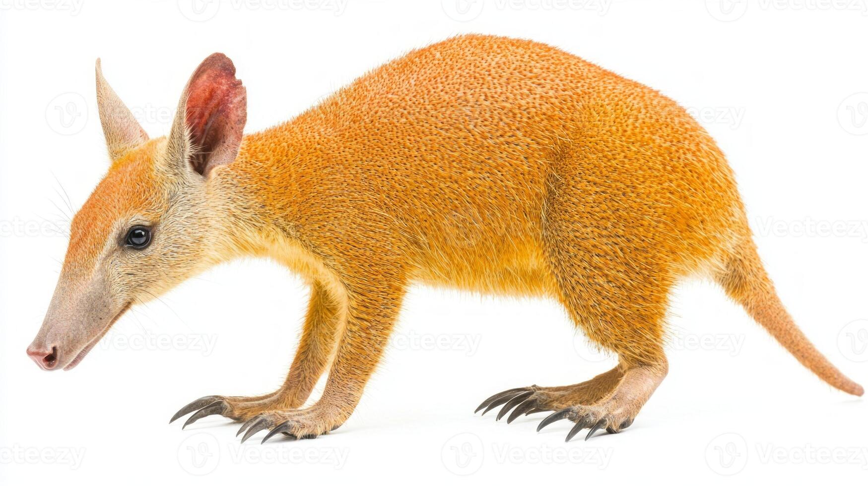 aardvark stands confidently, showcasing its long snout and sharp claws. Its vibrant fur contrasts beautifully with the stark white backdrop, highlighting its unique features. photo