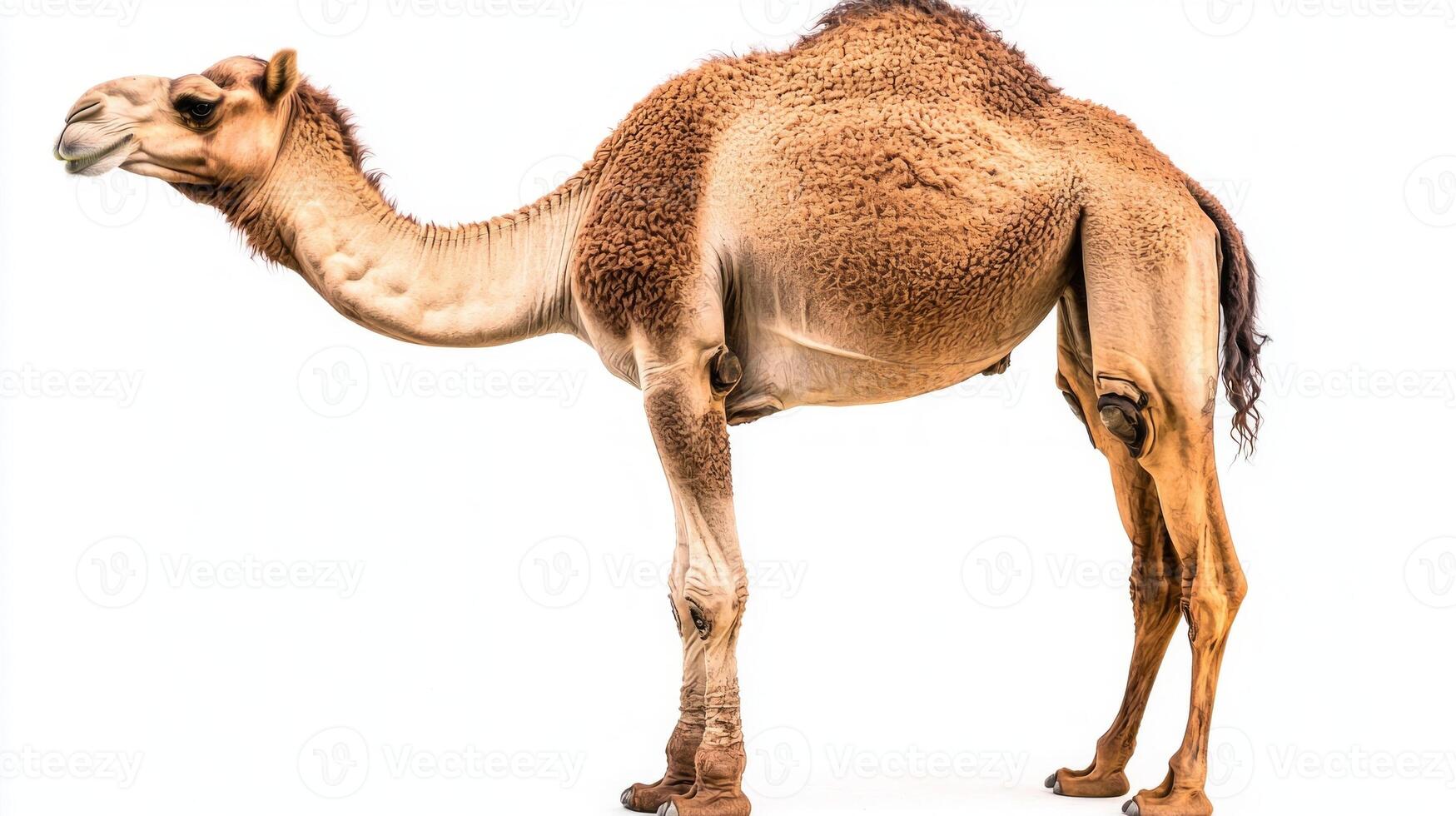 camel poses elegantly, its head turned to reveal the distinctive humps and gentle features. The contrast of the animal against the stark white background highlights its beauty and majesty. photo