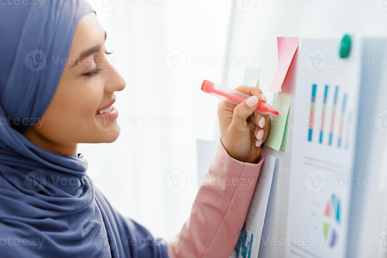 Happy Arabic Business Lady Preparing For Presentation In Office, Writing Notes At Whiteboard, Checking Graphs And Charts, Side View, Closeup photo