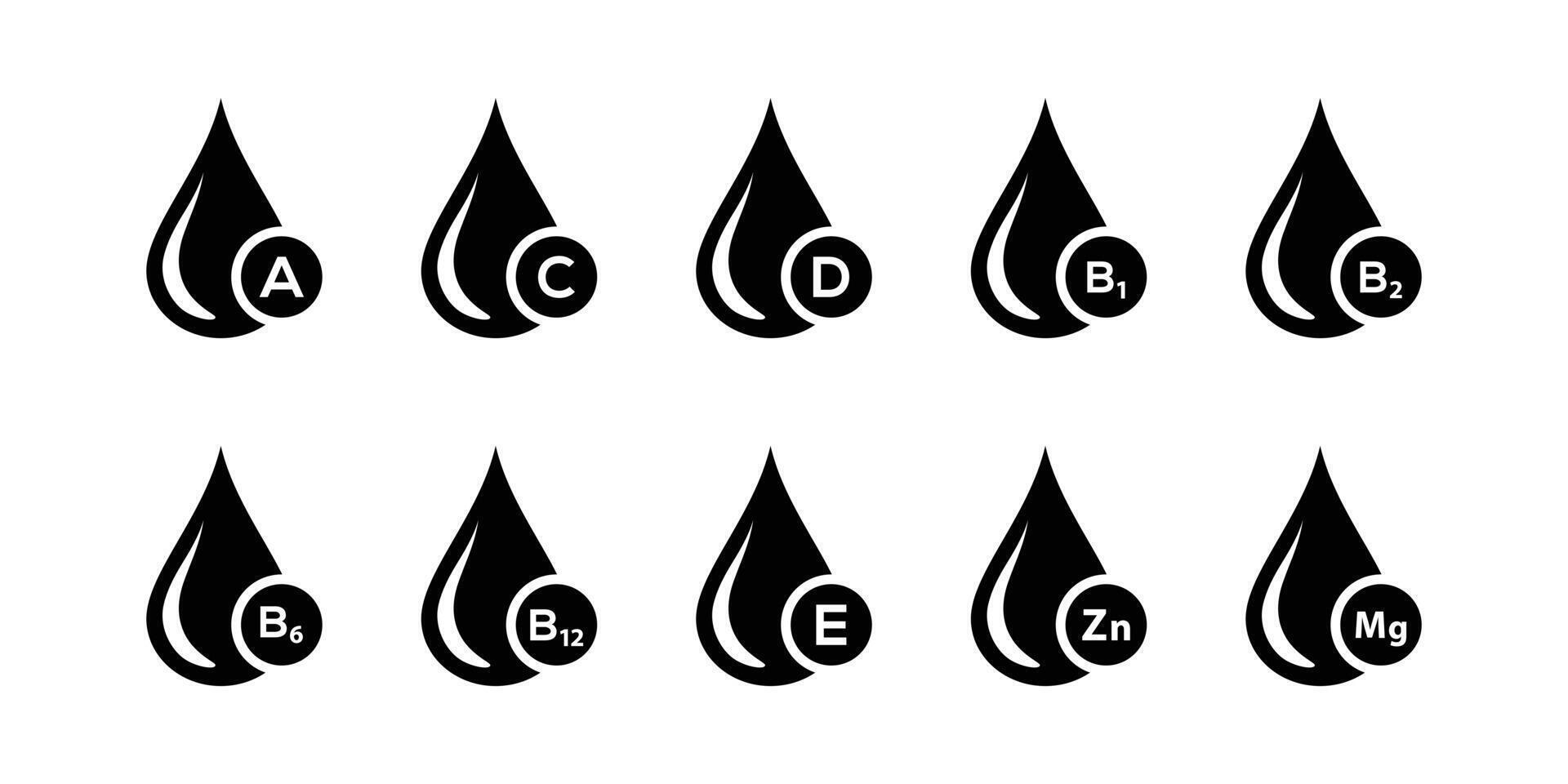 Multi Vitamin complex icons set. Multivitamin supplement, b1, d, e, mg, c, zinc, magnesium. vector