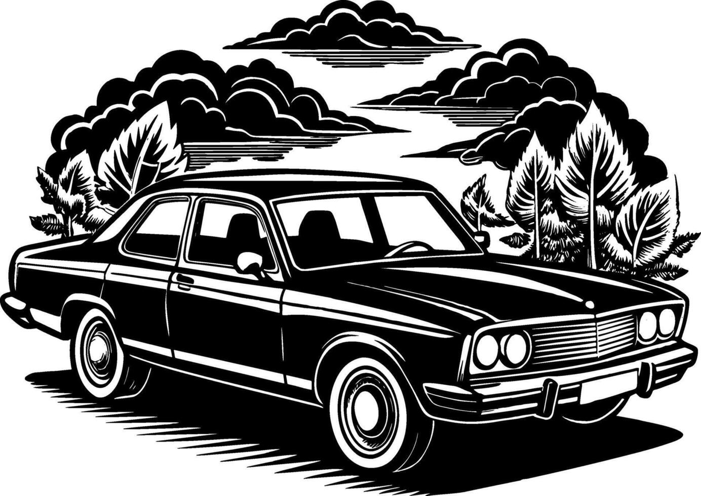 an old vintage car is parked in the forest with trees and clouds vector