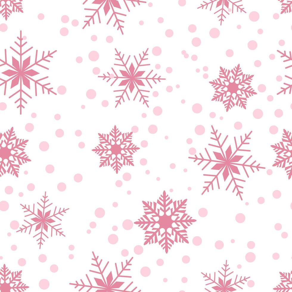 Pink snowflakes and polka dots creating a seamless pattern on a white background. illustration. Perfect for winter-themed designs and festive decorations vector