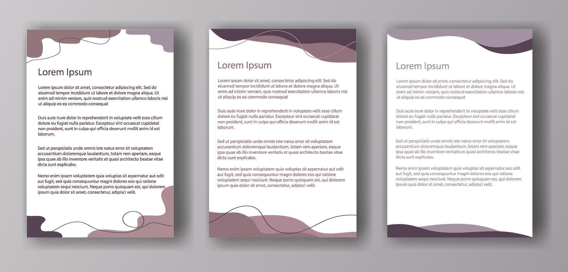 Three different document templates featuring wave designs at the top and bottom, each with Lorem Ipsum placeholder text. Concept of mockup and template vector