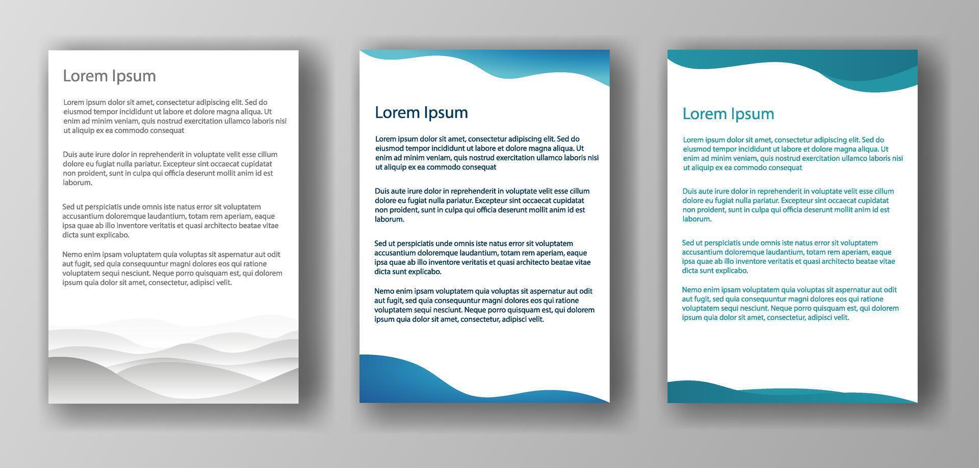 Three different document templates featuring wave designs at the top and bottom. Set against a gray background. Concept of mockup and template vector